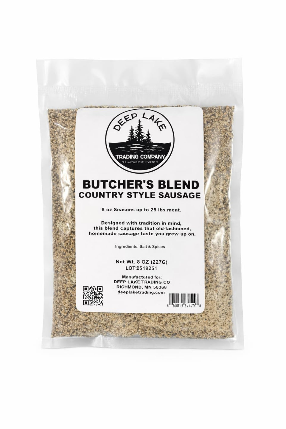 Deep Lake Butcher's Blend bottle front, ready-to-use seasoning for home sausage making