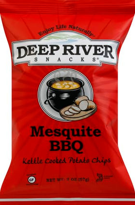 On-the-go ready Deep River Snacks Mesquite BBQ chips in portable pack for busy days.