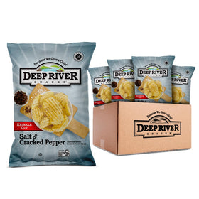 Deep River Snacks Salt and Cracked Pepper kettle chips bag showing crisp, gluten-free crunch