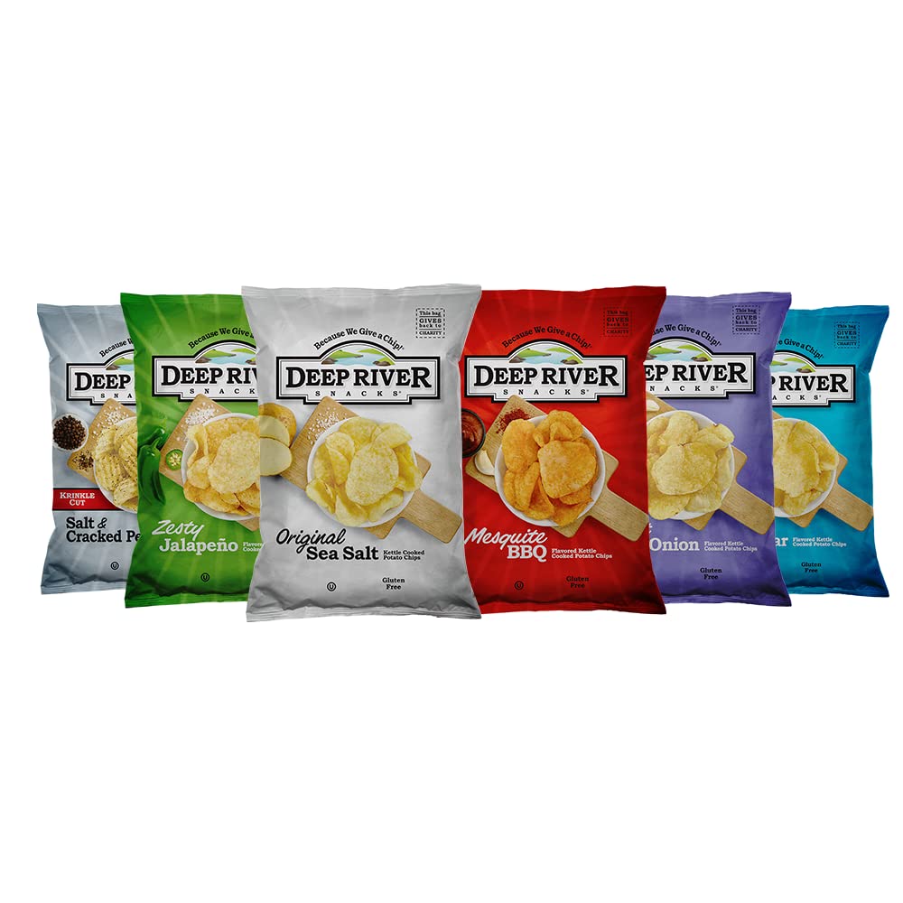 Deep River Snacks variety pack with six kettle cooked flavors, perfect for parties and on-the-go snacking.