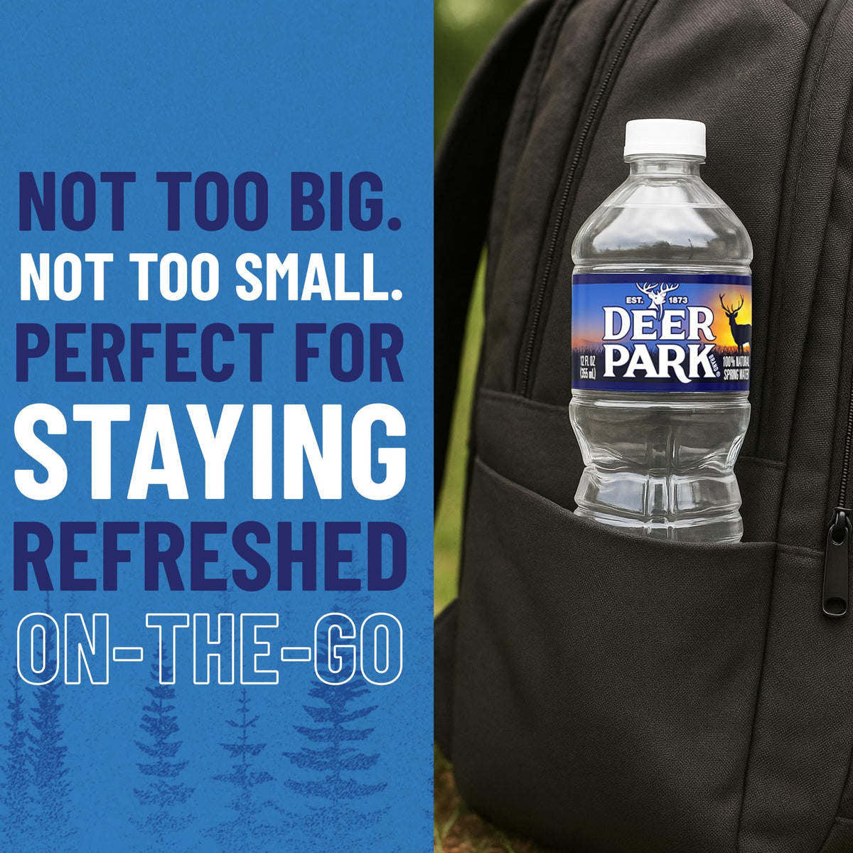 Deer Park on-the-go image emphasizes portable hydration for hiking and picnics.