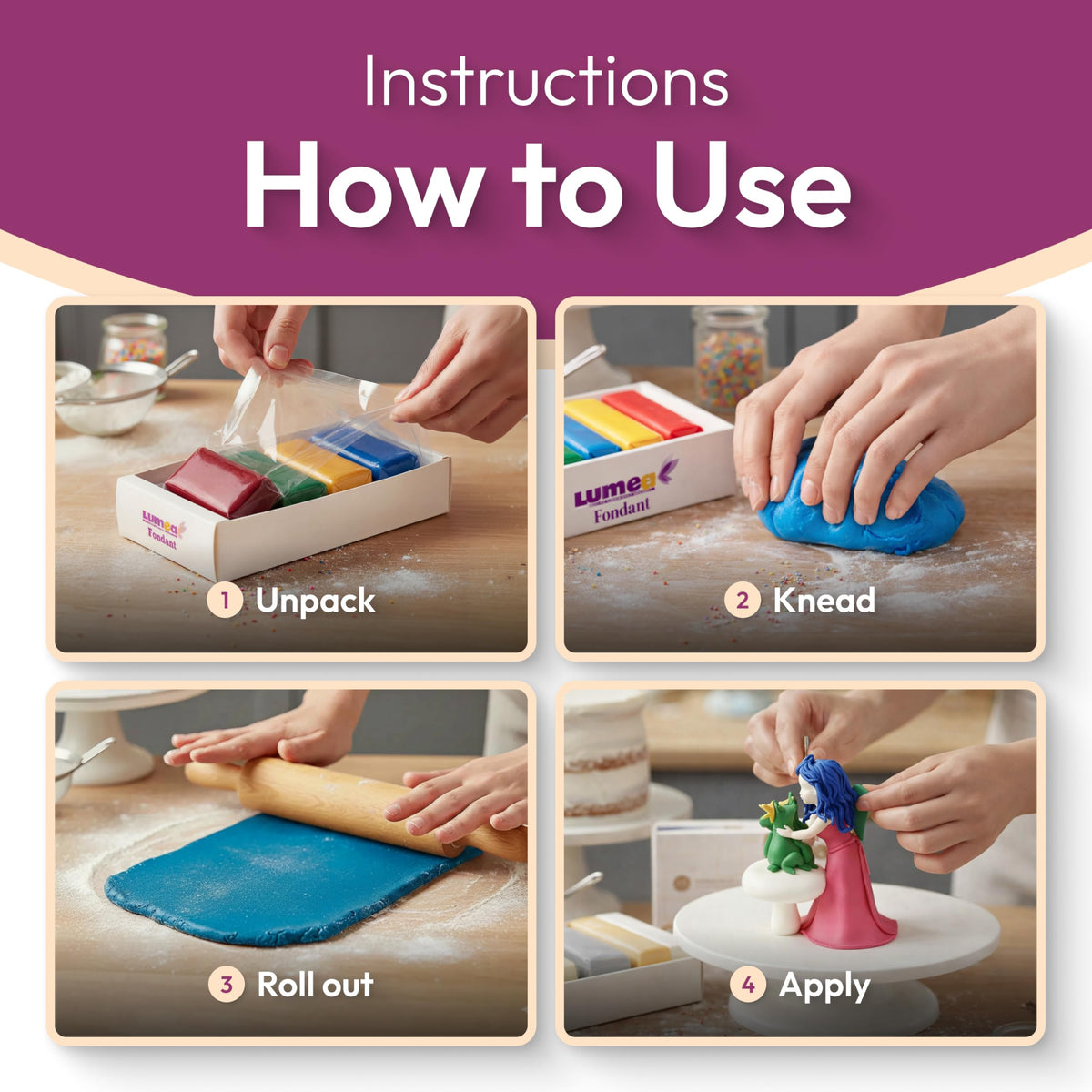 Dekozauber24 fondant multi-pack decorating setup highlights versatility for covering and sculpting.