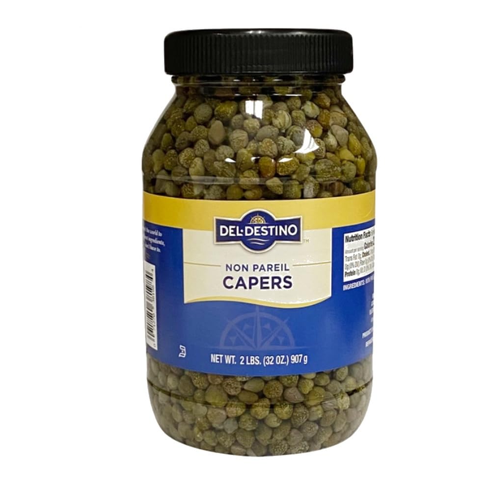 Del Destino Capers Non-Pareil jar front view, premium capers ready for recipes