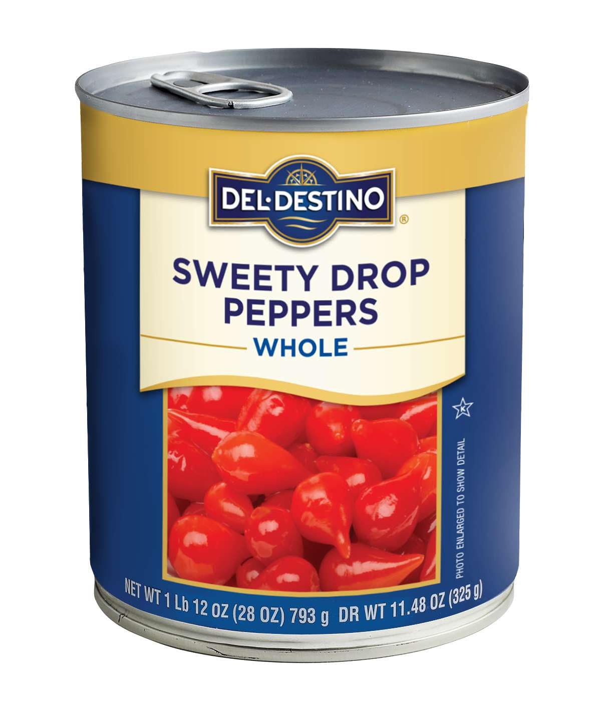 Del Destino Red Sweety Drop peppers tin close-up for vibrant topping and crunch