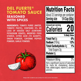 Del Fuerte nutrition panel highlights 20 calories per serving and zero trans fats.