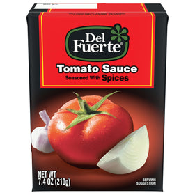 Del Fuerte tomato sauce carton front view showing 7.4 oz portion for fresh flavor.