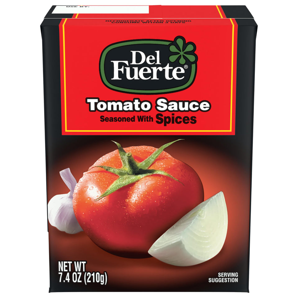 Del Fuerte tomato sauce carton front view showing 7.4 oz portion for fresh flavor.