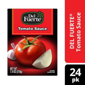 Del Fuerte Tomato Sauce carton side with easy-to-store packaging for pantry convenience.