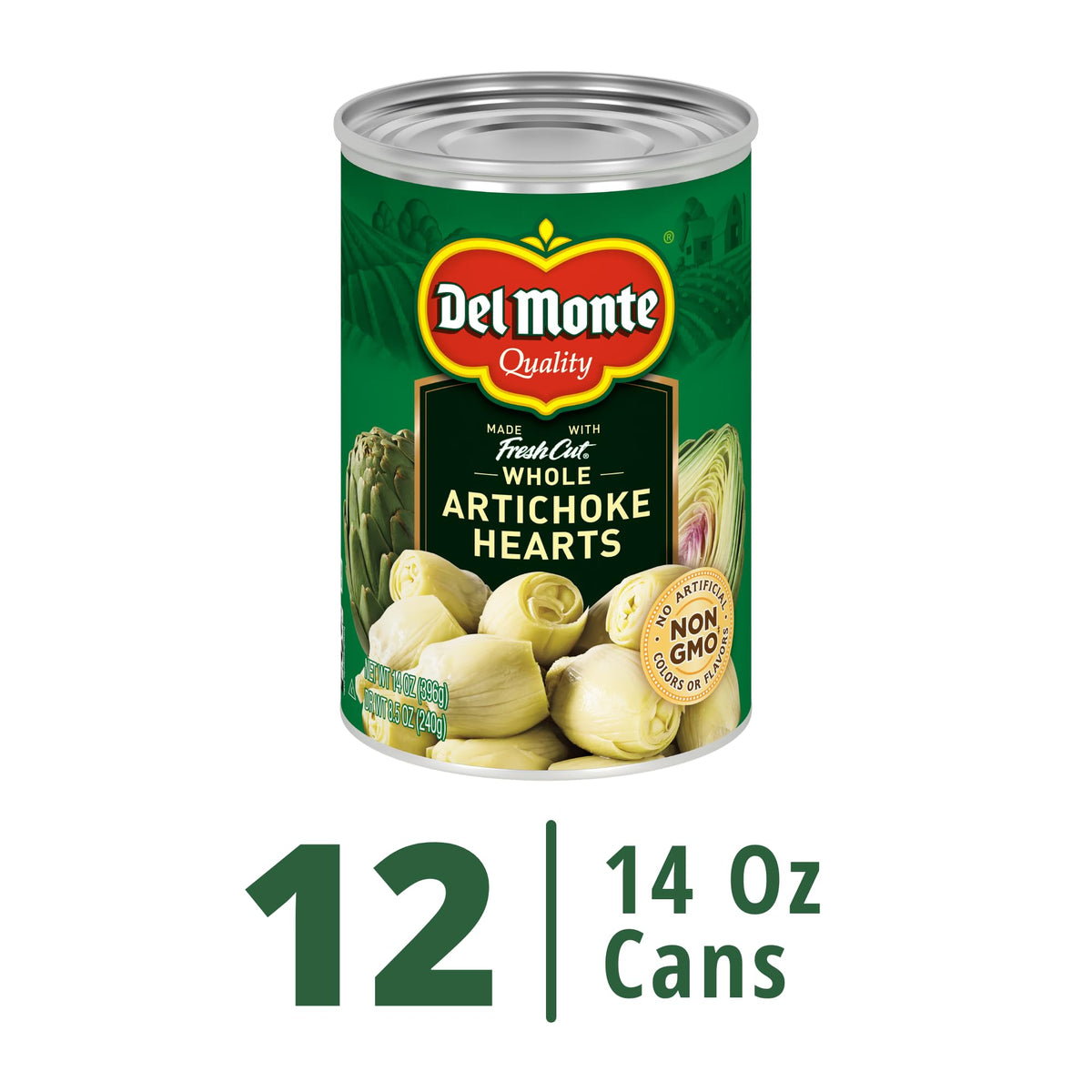 Del Monte artichoke hearts closeup, tender texture ideal for salads