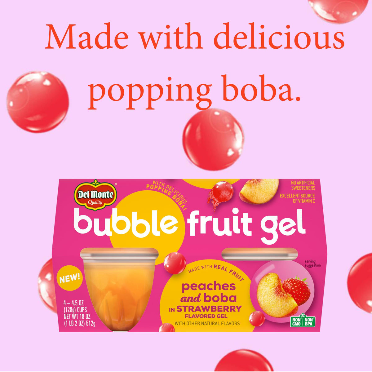 Del Monte Bubble Fruit Gel pearls inside cup showcasing real fruit and color