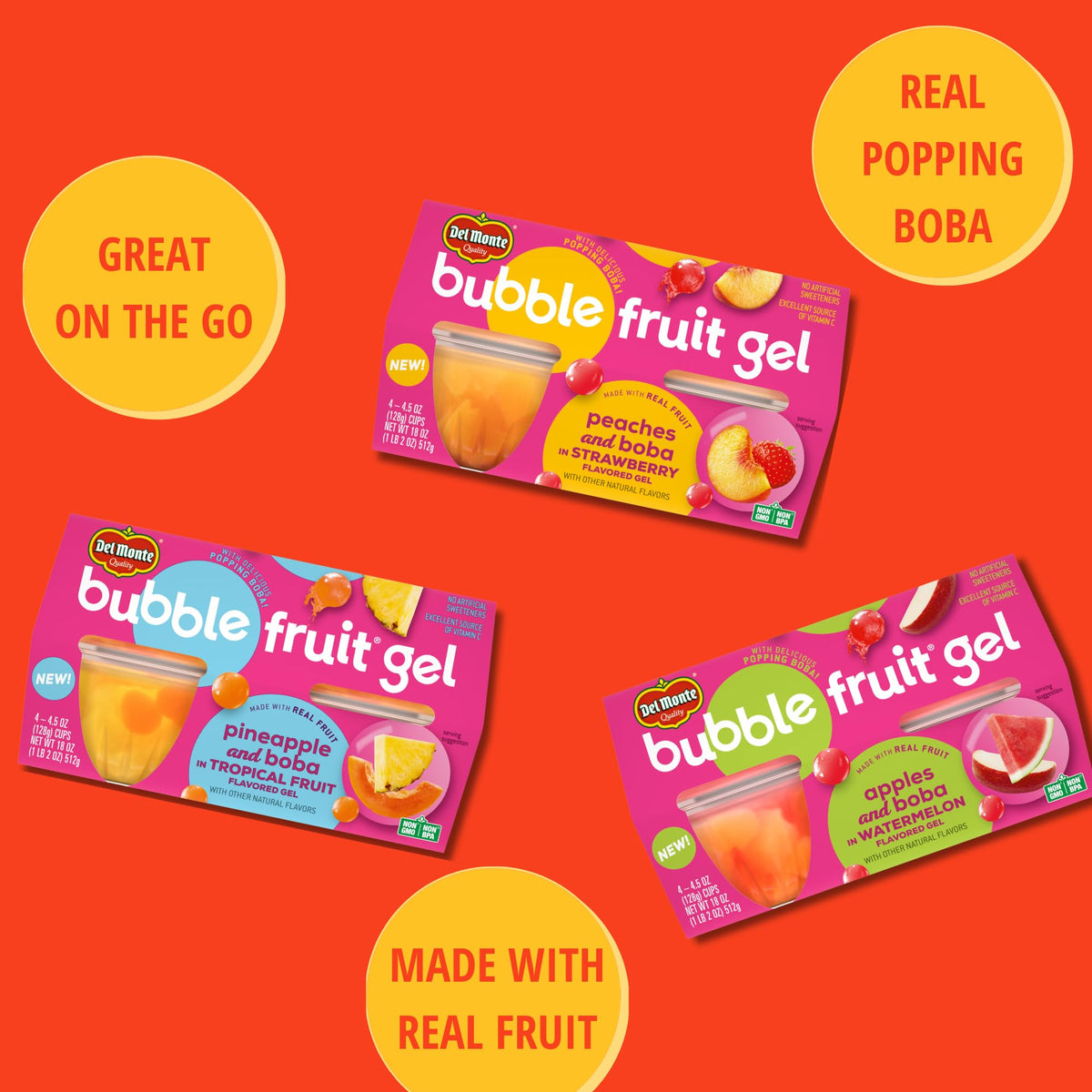 Del Monte Bubble Fruit Gel cup with non-BPA lid for quick access