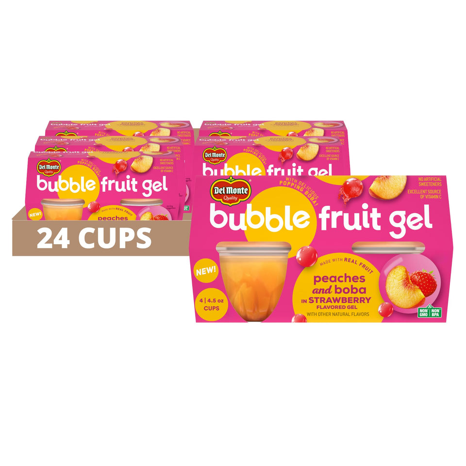 Del Monte Bubble Fruit Peaches in strawberry gel with popping boba for a fun snack on the go