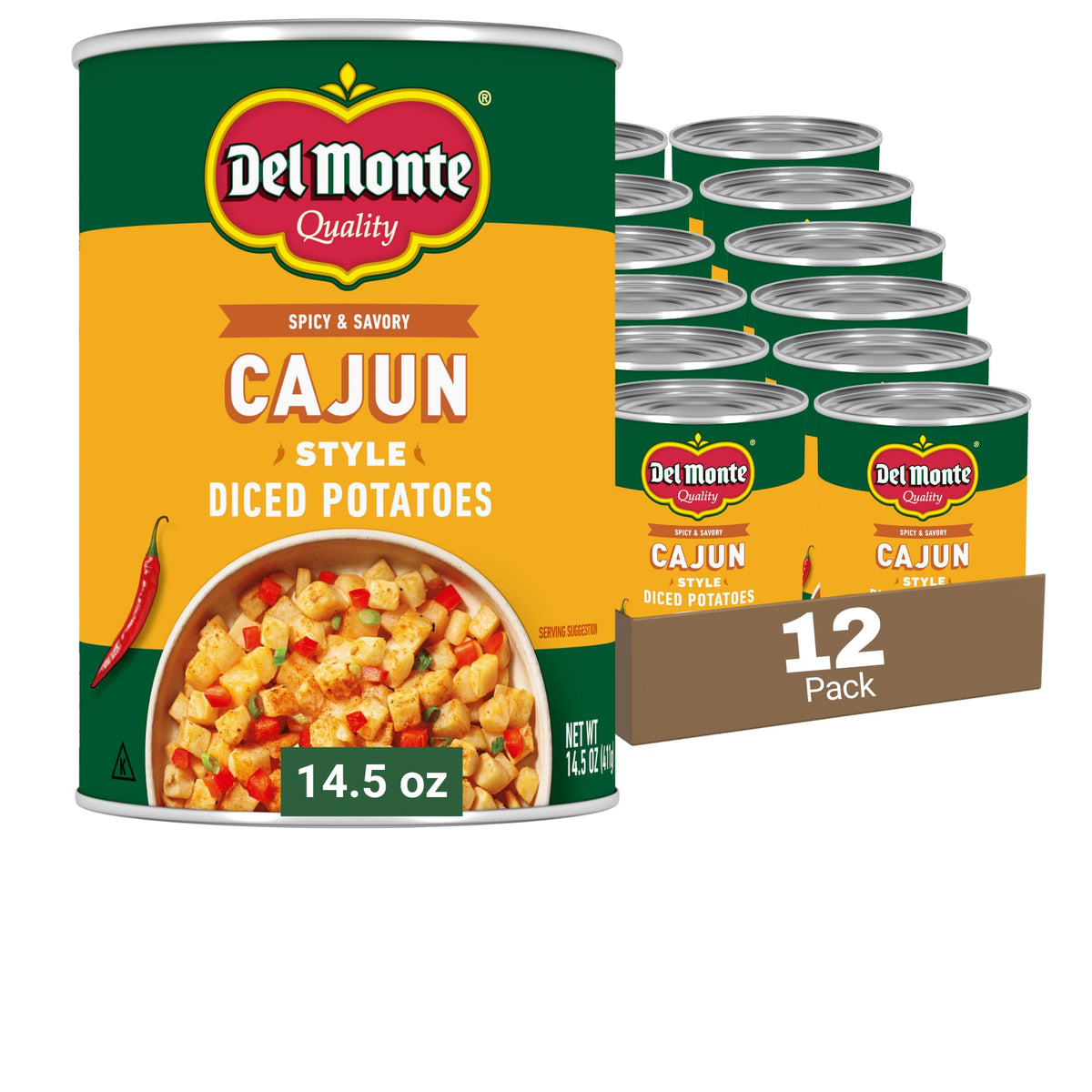 Del Monte Cajun Style Diced Potatoes cans on shelf, ready for quick meals.