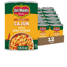 Del Monte Cajun Style Diced Potatoes cans on shelf, ready for quick meals.