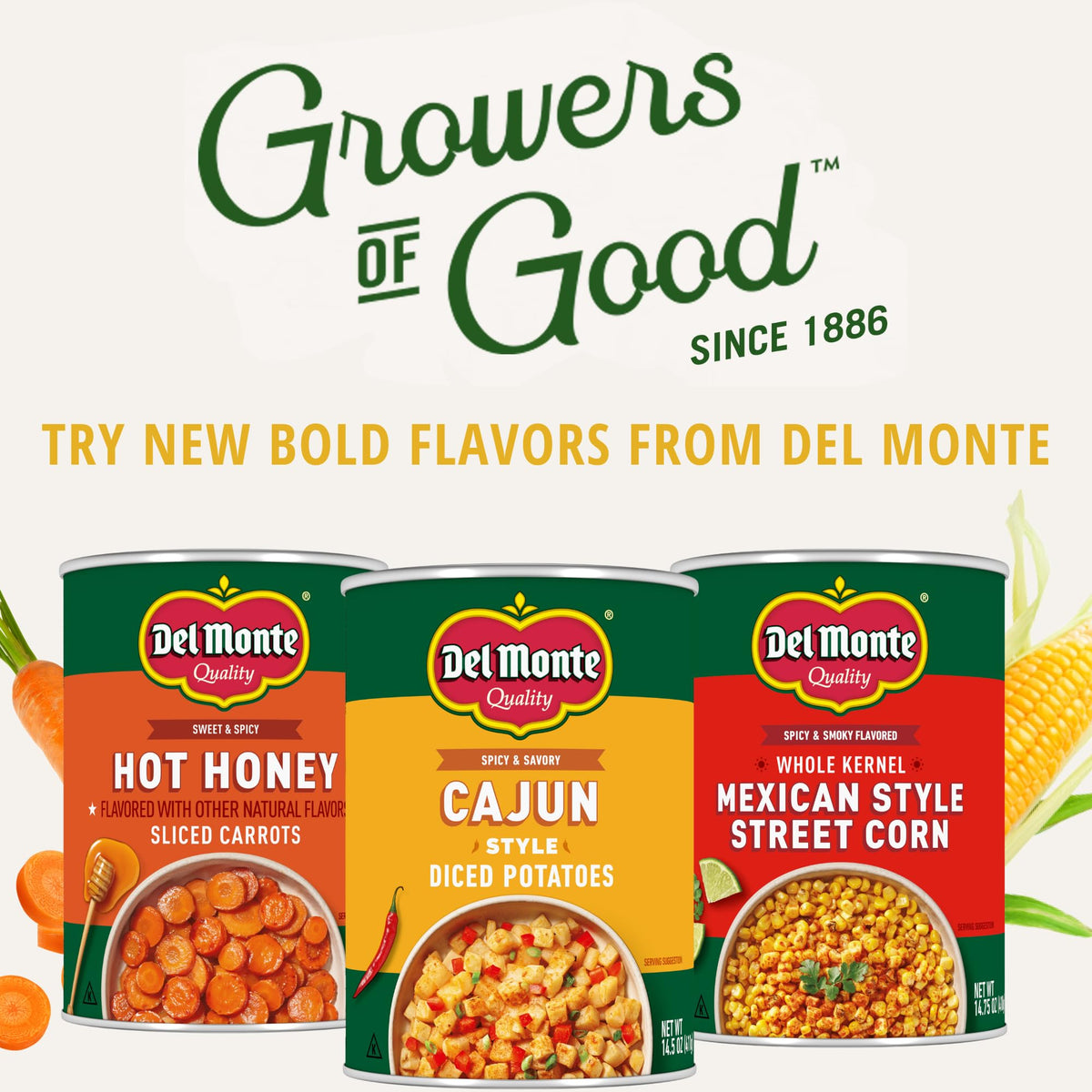 Del Monte Cajun Style Diced Potatoes in a skillet with peppers, savory and ready.