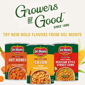 Del Monte Cajun Style Diced Potatoes in a skillet with peppers, savory and ready.