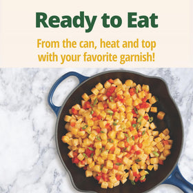Del Monte Cajun Style Diced Potatoes can opened, showing diced potatoes.