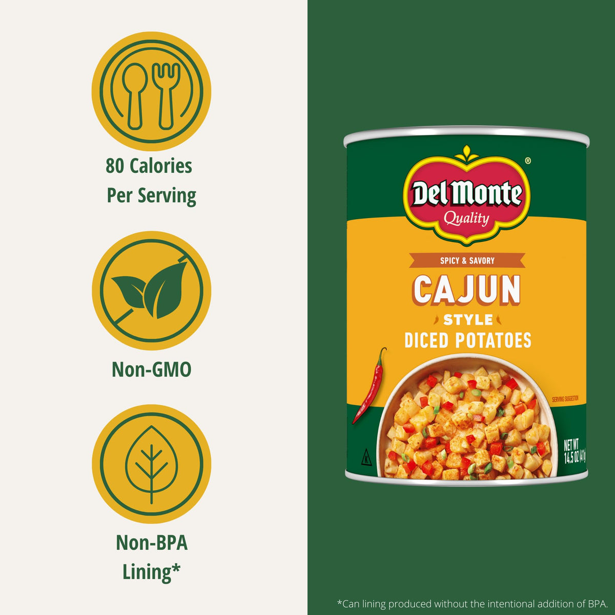 Del Monte Cajun Style Diced Potatoes served in a bowl, ready for sides.