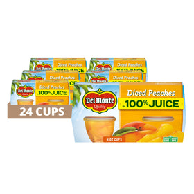 Del Monte Diced Peaches close-up in 100% juice cup showing natural fruit flavor