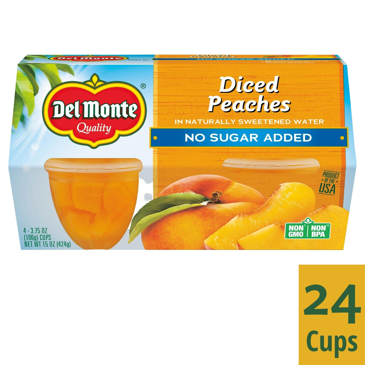 Del Monte peaches in naturally sweetened water offer a light, refreshing bite.