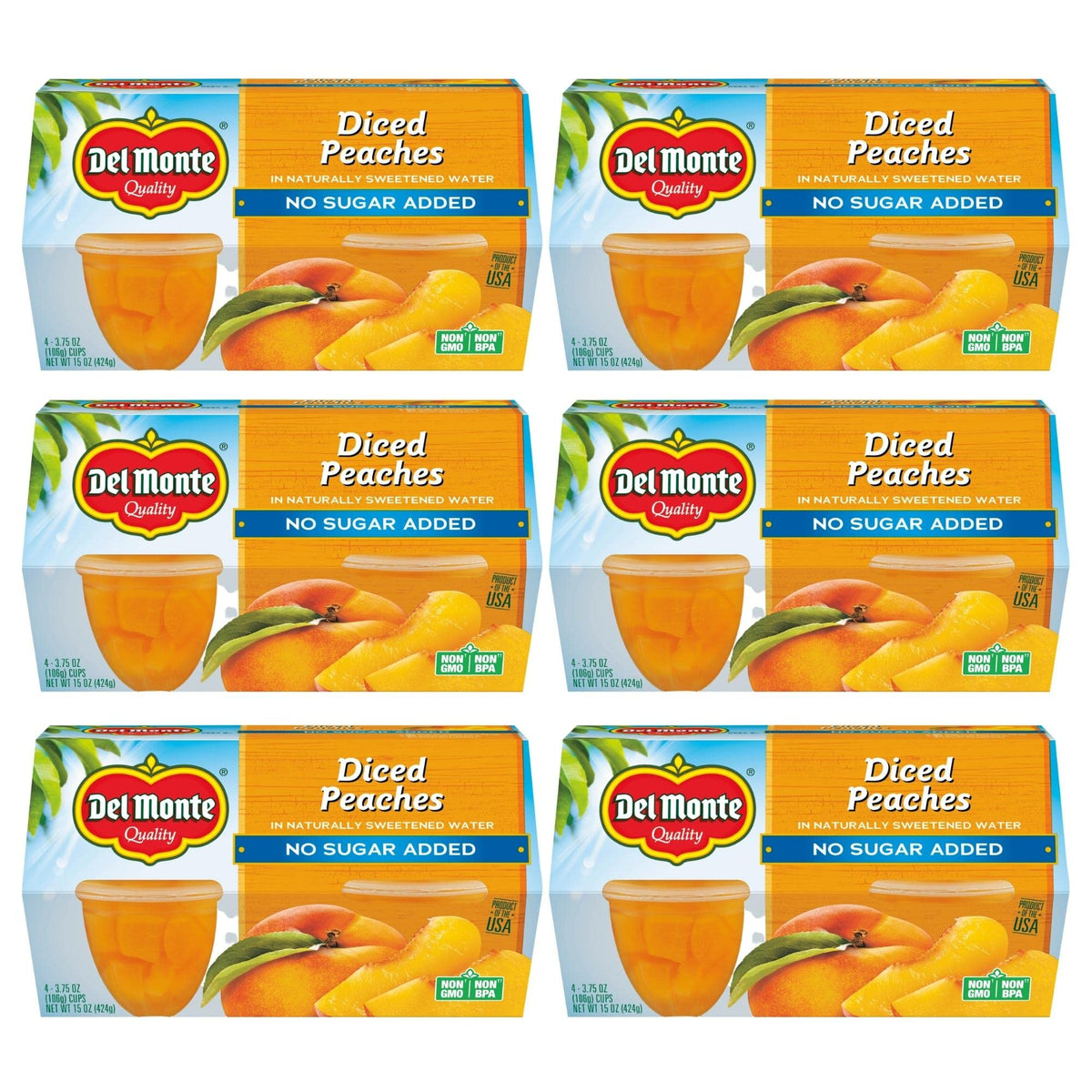 Del Monte diced peaches cups shown in six 4-packs for easy snacking.