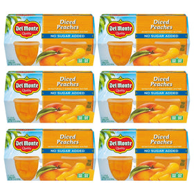 Del Monte diced peaches cups shown in six 4-packs for easy snacking.