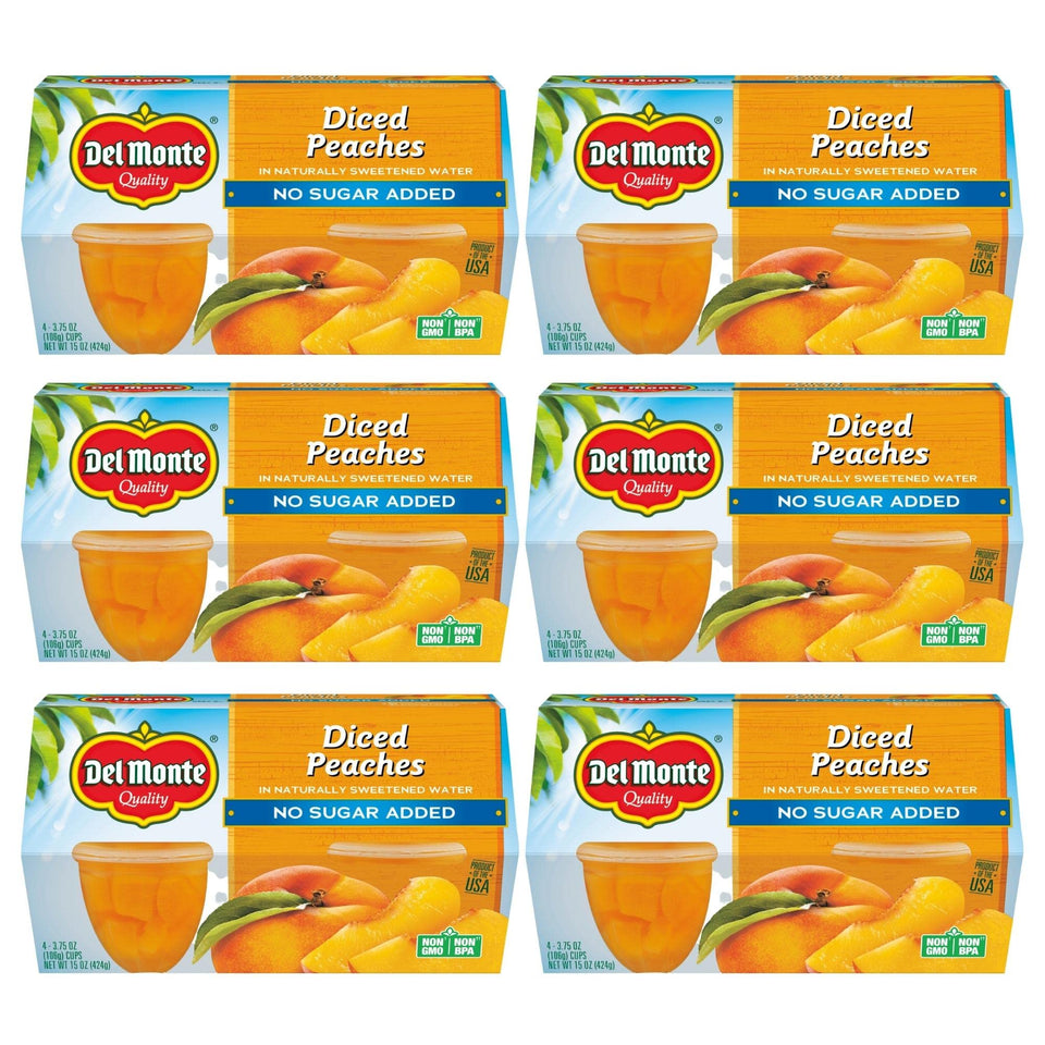 Del Monte diced peaches cups shown in six 4-packs for easy snacking.