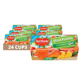 Del Monte diced peaches in peach gel cups, ready for on-the-go snacking.