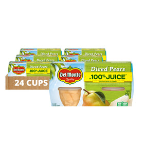 Del Monte Diced Pears cup packaging in 100% juice for convenient snacking