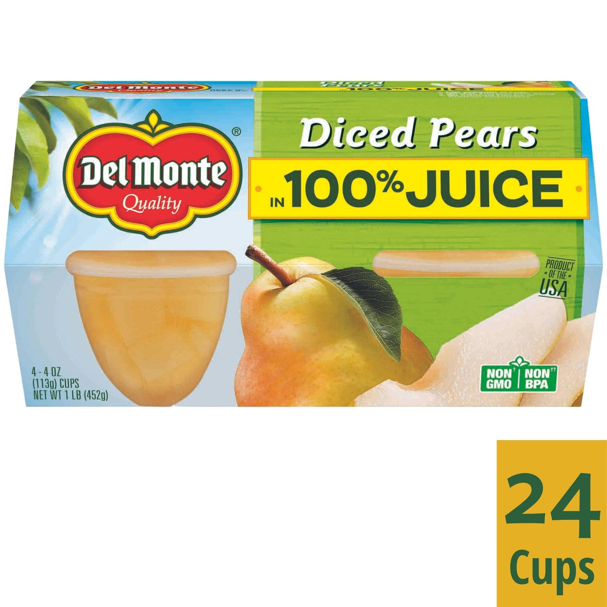 Del Monte Diced Pears close-up shows bite-sized pears in vibrant juice