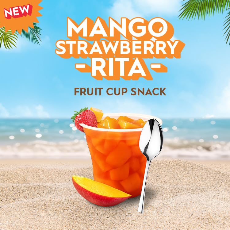 Del Monte Escapes Mango Strawberry-Rita cup open lid for quick, mess-free snacking.