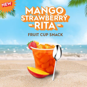 Del Monte Escapes Mango Strawberry-Rita cup open lid for quick, mess-free snacking.