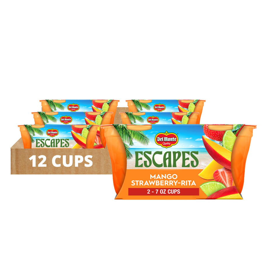 Del Monte Escapes Mango Strawberry-Rita cup with real fruit for a convenient on-the-go snack.