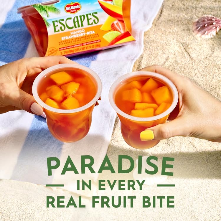 Del Monte Escapes Mango Strawberry-Rita cup emphasizes non-GMO fruit and no artificial sweeteners.