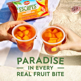 Del Monte Escapes Mango Strawberry-Rita cup emphasizes non-GMO fruit and no artificial sweeteners.