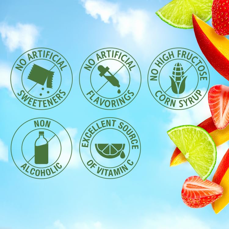 Del Monte Escapes Mango Strawberry-Rita cup nutrition details highlight Vitamin C and no artificial sweeteners.