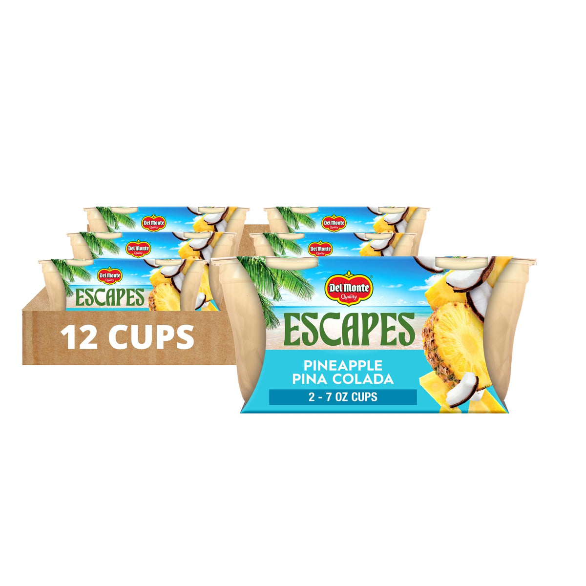 Del Monte Escapes pineapple pina colada cups pack shot showing six servings for on-the-go snacking.