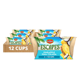 Del Monte Escapes pineapple pina colada cups pack shot showing six servings for on-the-go snacking.