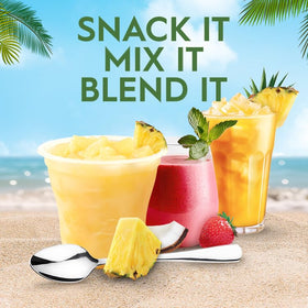 Del Monte Escapes pineapple chunks close-up highlighting fresh fruit texture for a tropical snack.