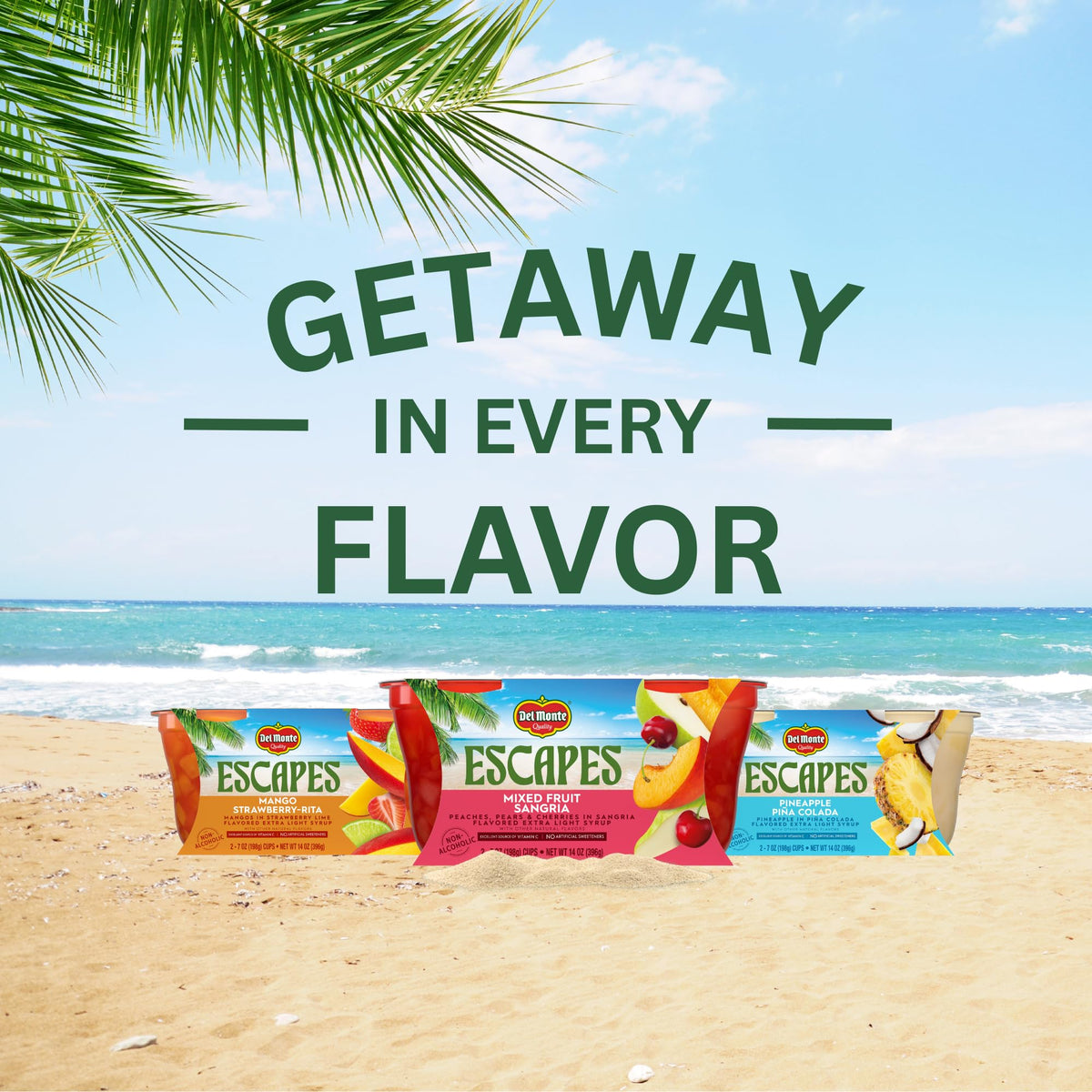 Del Monte Escapes vitamin C boost in a pineapple pina colada cup supporting daily fruit intake.
