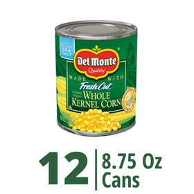 Opened can of Del Monte corn ready to heat for a fast meal.