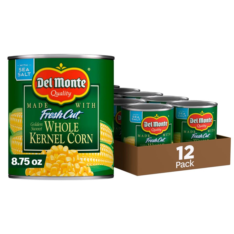 Del Monte Fresh Cut Golden Sweet Corn pack shot showing convenient 12-pack for quick sides.