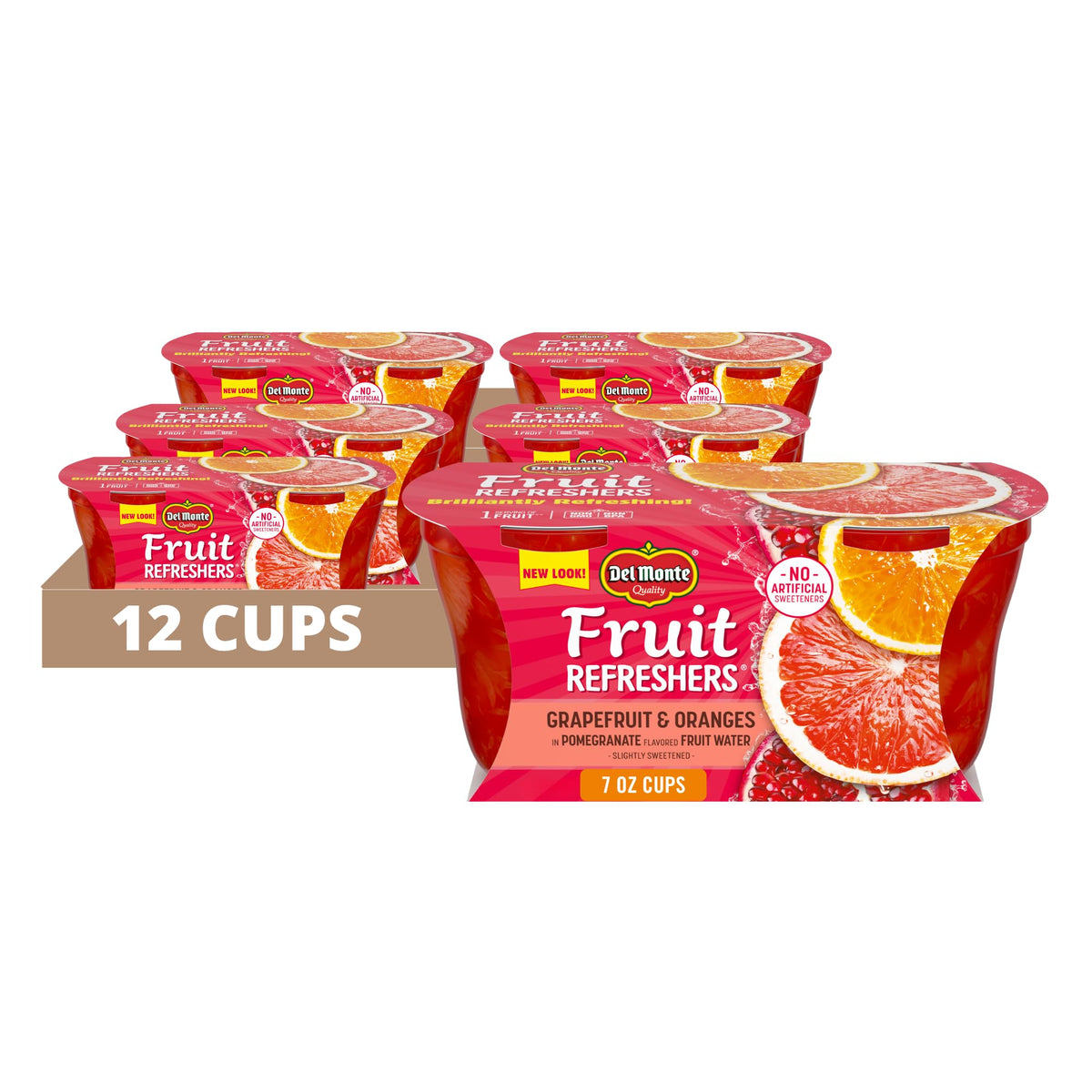 Del Monte Fruit Refreshers grapefruit and oranges cups, ready to eat on the go.