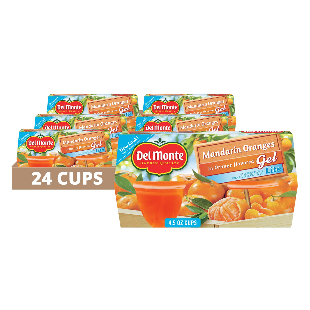Del Monte mandarin orange slices in gel cup for quick, refreshing snacking.