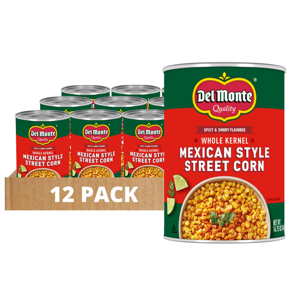Del Monte Mexican Street Corn can, ready-to-eat side for quick meals.