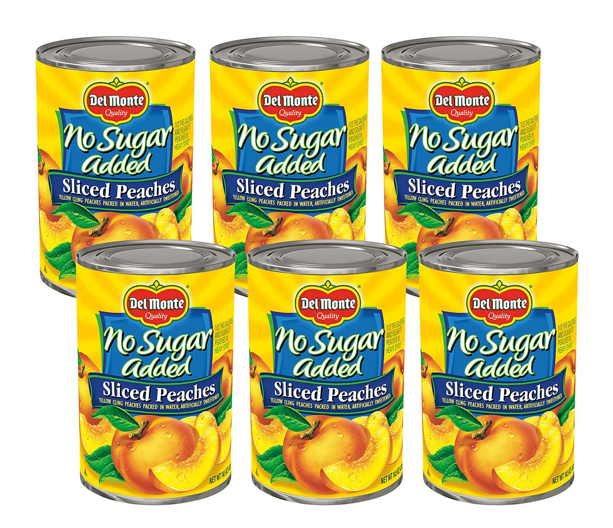 Del Monte No Sugar Added peaches in a six-pack can for quick snacking.