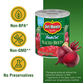 Non-GMO Del Monte beets without artificial flavors for natural taste.