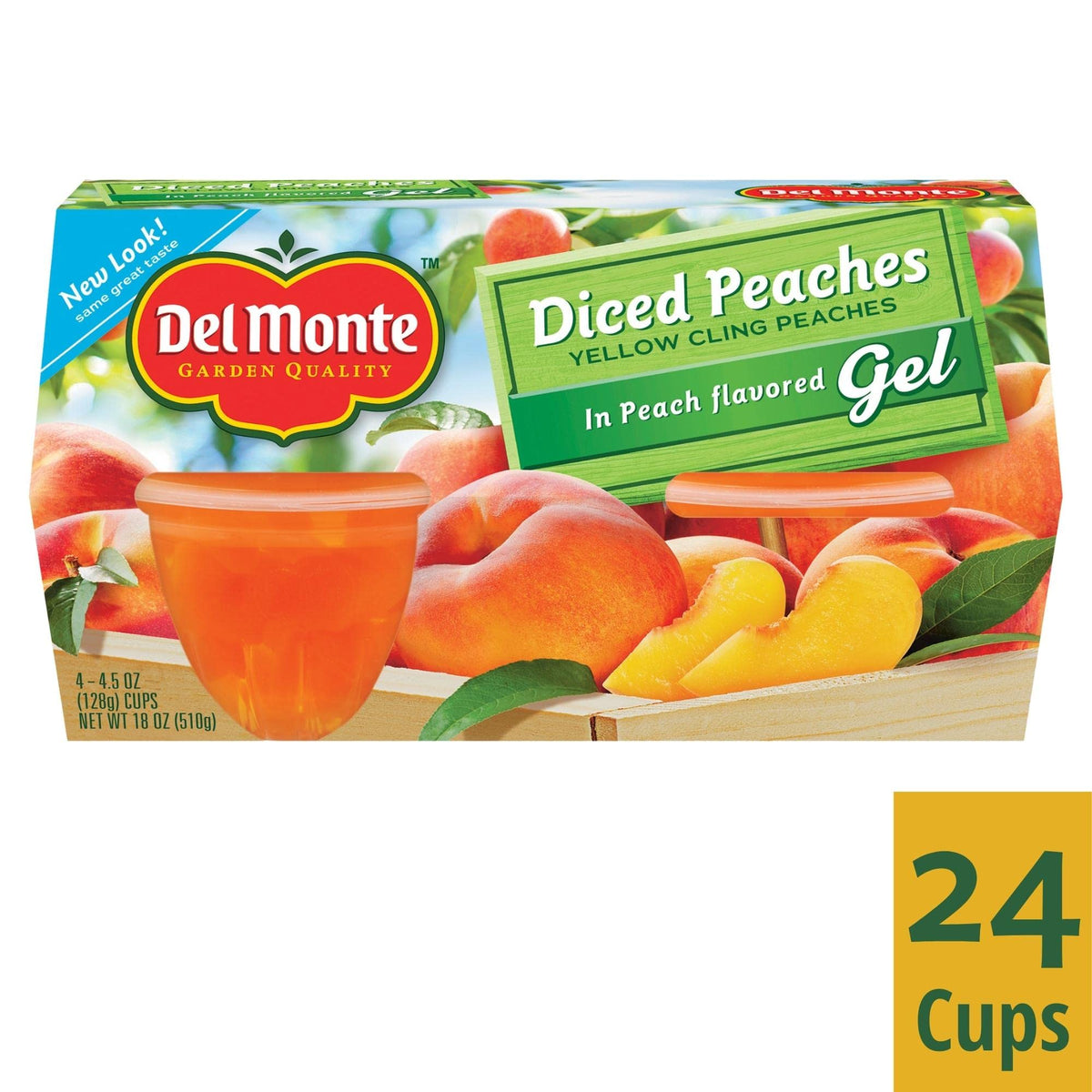 Del Monte peach gel fruit cups with an easy-to-open lid for quick access.
