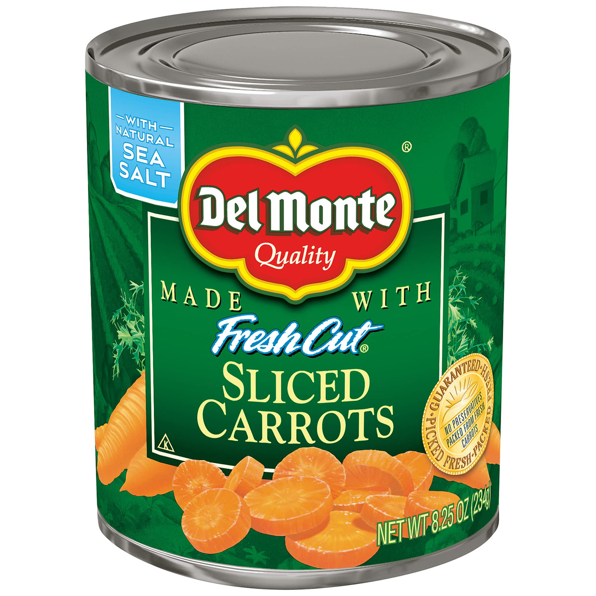 Del Monte sliced carrots shown in a bowl, ideal for casseroles or quick meals.