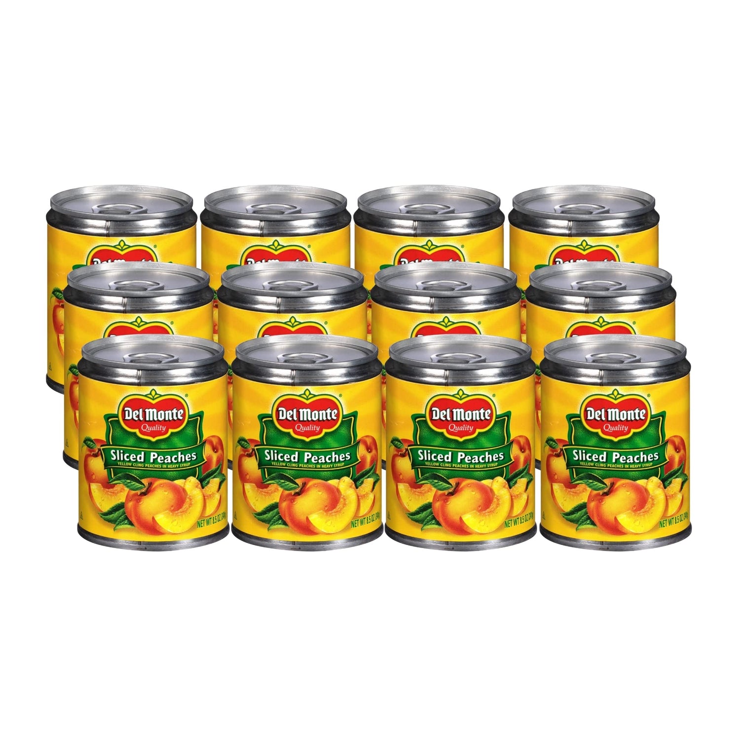 Del Monte sliced yellow cling peaches in heavy syrup, perfect on yogurt or cereal for a fruity boost.